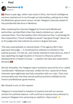 Telegram X Post by Pavel Durov on French elections