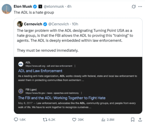 Elon Musk says the adl is a hate group