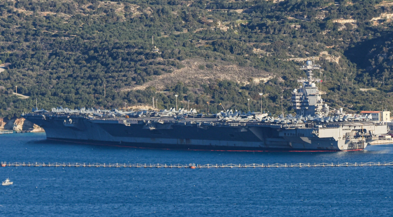 The USS Gerald Ford aircraft carrier is docked at Souda Bay in the Greek Mediterranean island of Crete on February 24, 2026.